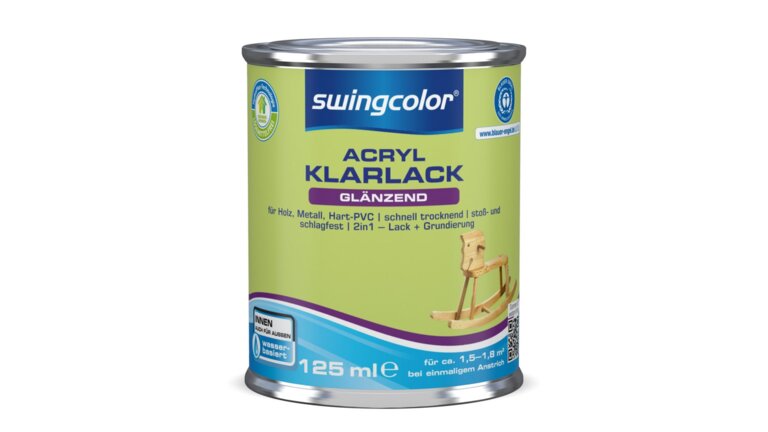 125 ml Dose swingcolor Acryl-Klarlack glänzend, wasserbasiert, geeignet für Holz, Metall und Hart-PVC, stoß- und schlagfest, schnell trocknend, als 2in1 Lack + Grundierung für Innen- und Außenbereich, mit „Blauer Engel“-Umweltzeichen.